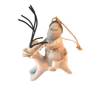 Ceramic Santa Riding Reindeer Christmas Ornament Country Stoneware Rustic